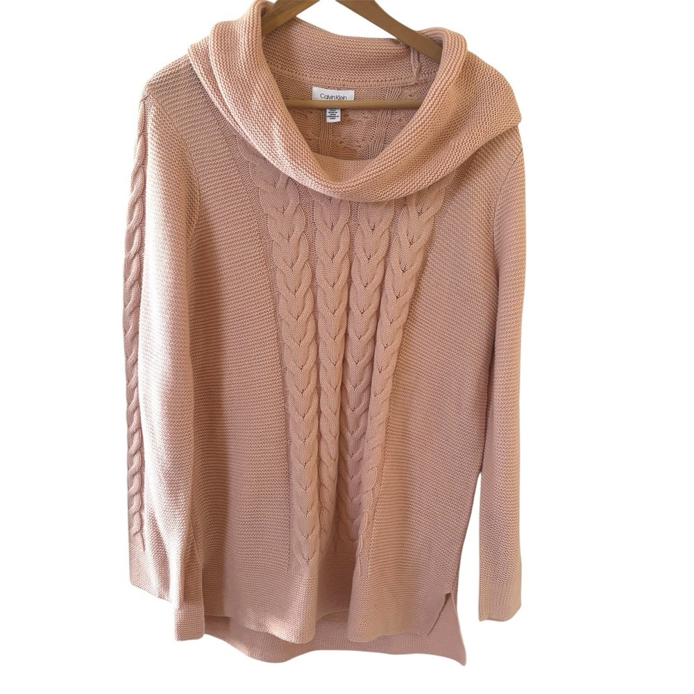 Calvin Klein Women Cable Knit Sweater Size Large Cowl Neck Tunic Fisherman Retro
